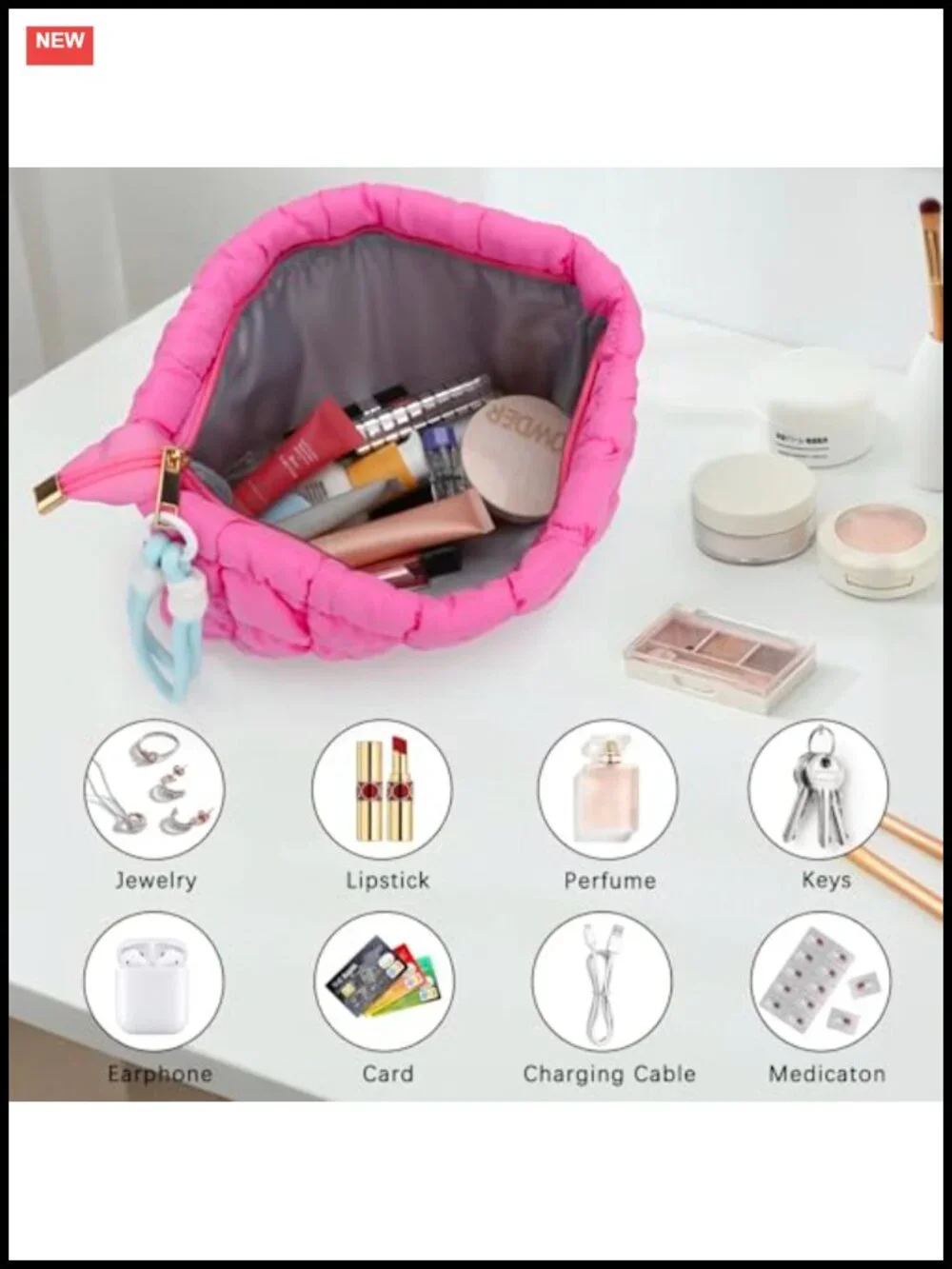Puffer Quilted Makeup Bag with Handle, Puffy Cotton Cosmetic Pouch, Travel